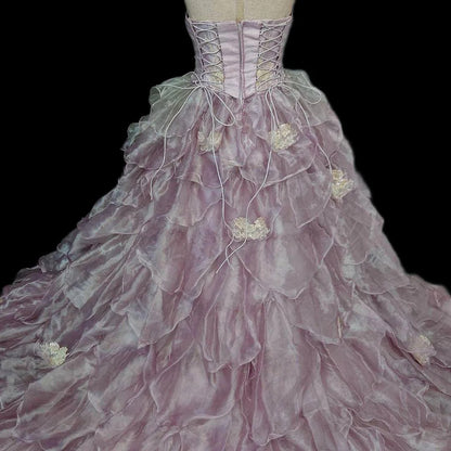 Chic A-Line Strapless Evening Gowns Sequins Beading Ruffled Tulle Applique Prom Dress AP2411