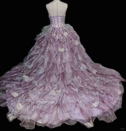 Chic A-Line Strapless Evening Gowns Sequins Beading Ruffled Tulle Applique Prom Dress AP2411