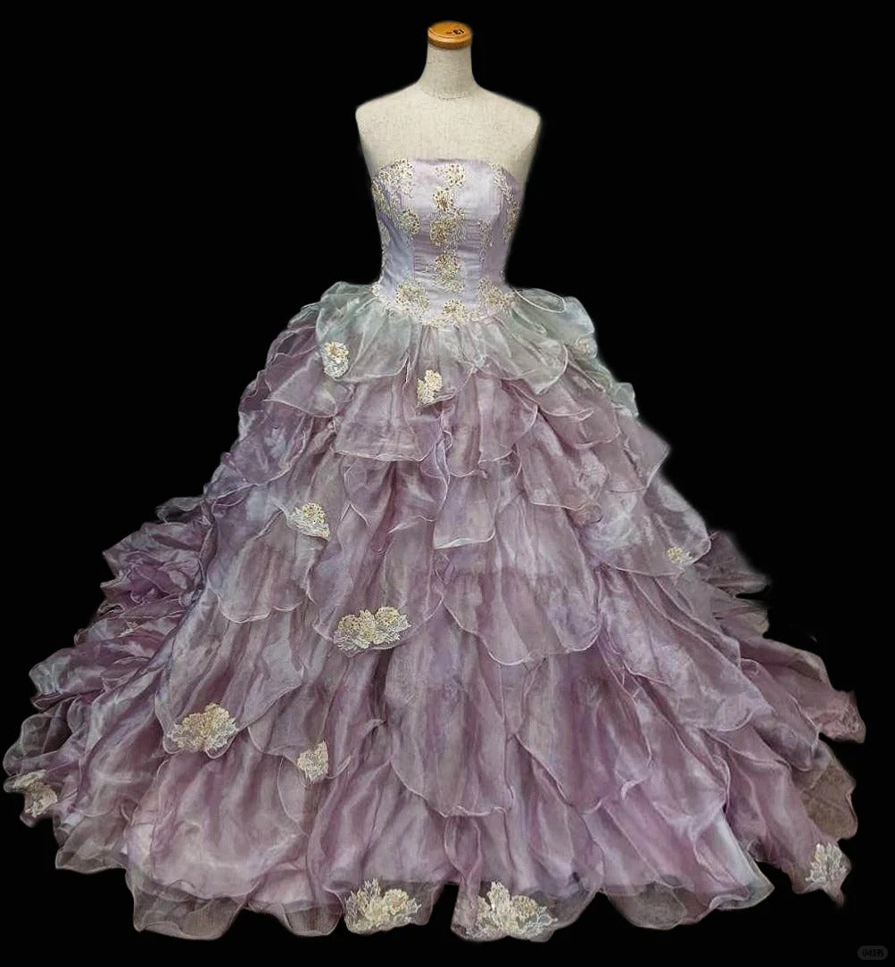 Chic A-Line Strapless Evening Gowns Sequins Beading Ruffled Tulle Applique Prom Dress AP2411