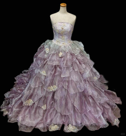 Chic A-Line Strapless Evening Gowns Sequins Beading Ruffled Tulle Applique Prom Dress AP2411