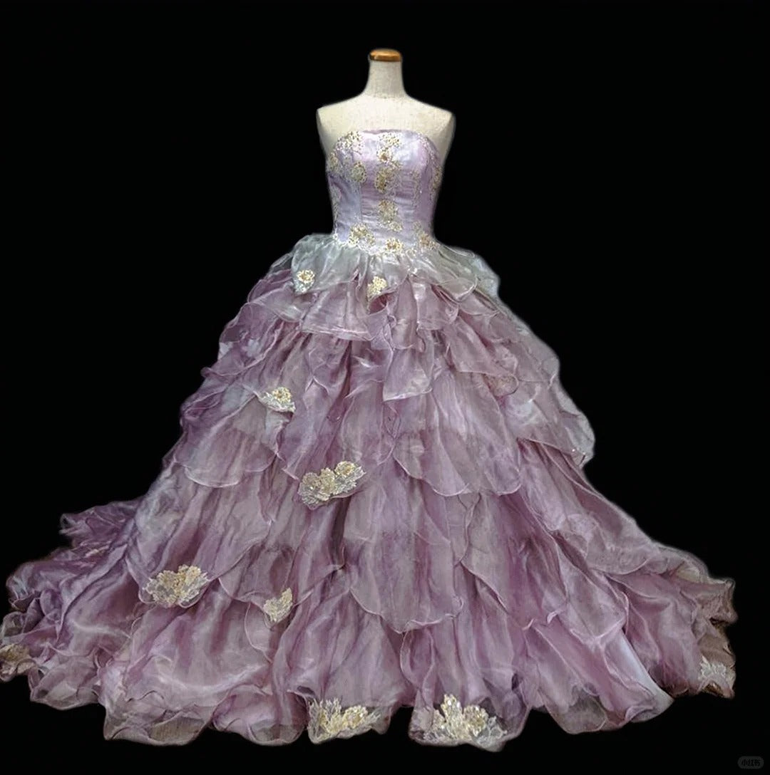 Chic A-Line Strapless Evening Gowns Sequins Beading Ruffled Tulle Applique Prom Dress AP2411