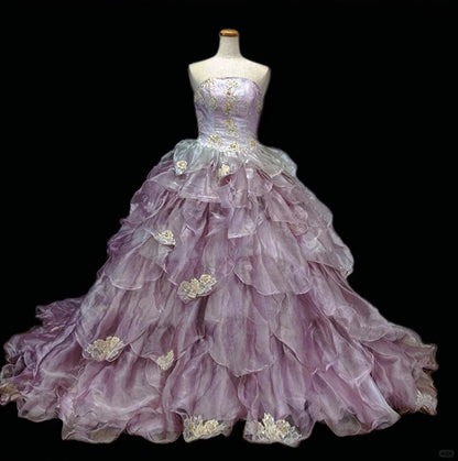 Chic A-Line Strapless Evening Gowns Sequins Beading Ruffled Tulle Applique Prom Dress AP2411