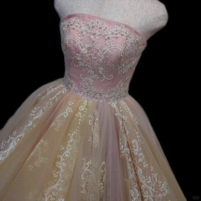 Vintage A-Line Strapless Evening Gowns Applique Crystals Beading Tiered Tulle Prom Dress AP2412