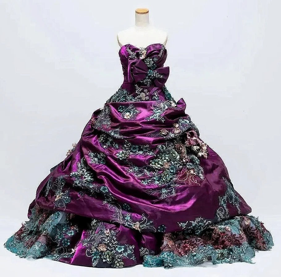 Retro A-Line Applique Evening Gowns Strapless Sequins Crystal Handmade Flowers Prom Dress AP2413