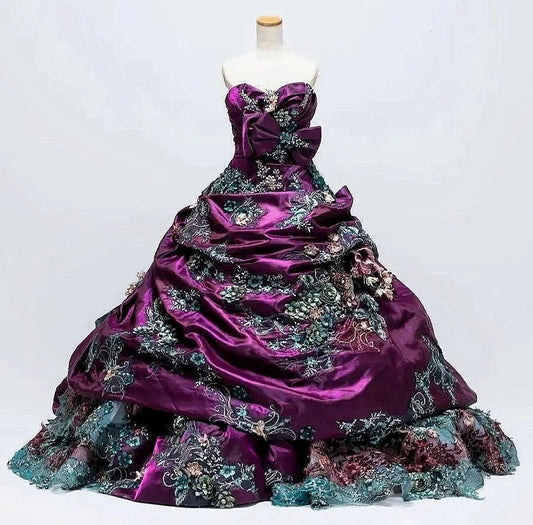 Retro A-Line Applique Evening Gowns Strapless Sequins Crystal Handmade Flowers Prom Dress AP2413