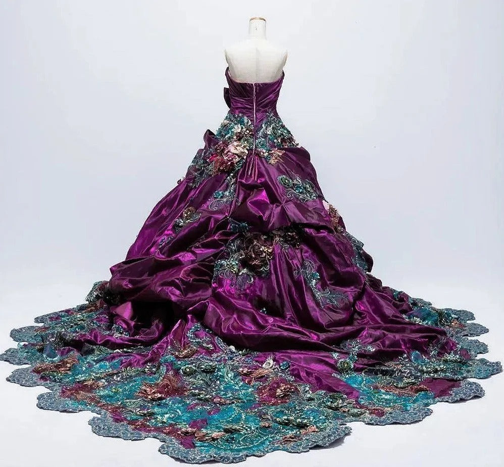 Retro A-Line Applique Evening Gowns Strapless Sequins Crystal Handmade Flowers Prom Dress AP2413