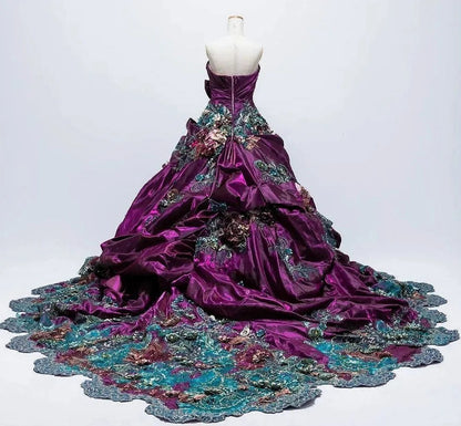 Retro A-Line Applique Evening Gowns Strapless Sequins Crystal Handmade Flowers Prom Dress AP2413