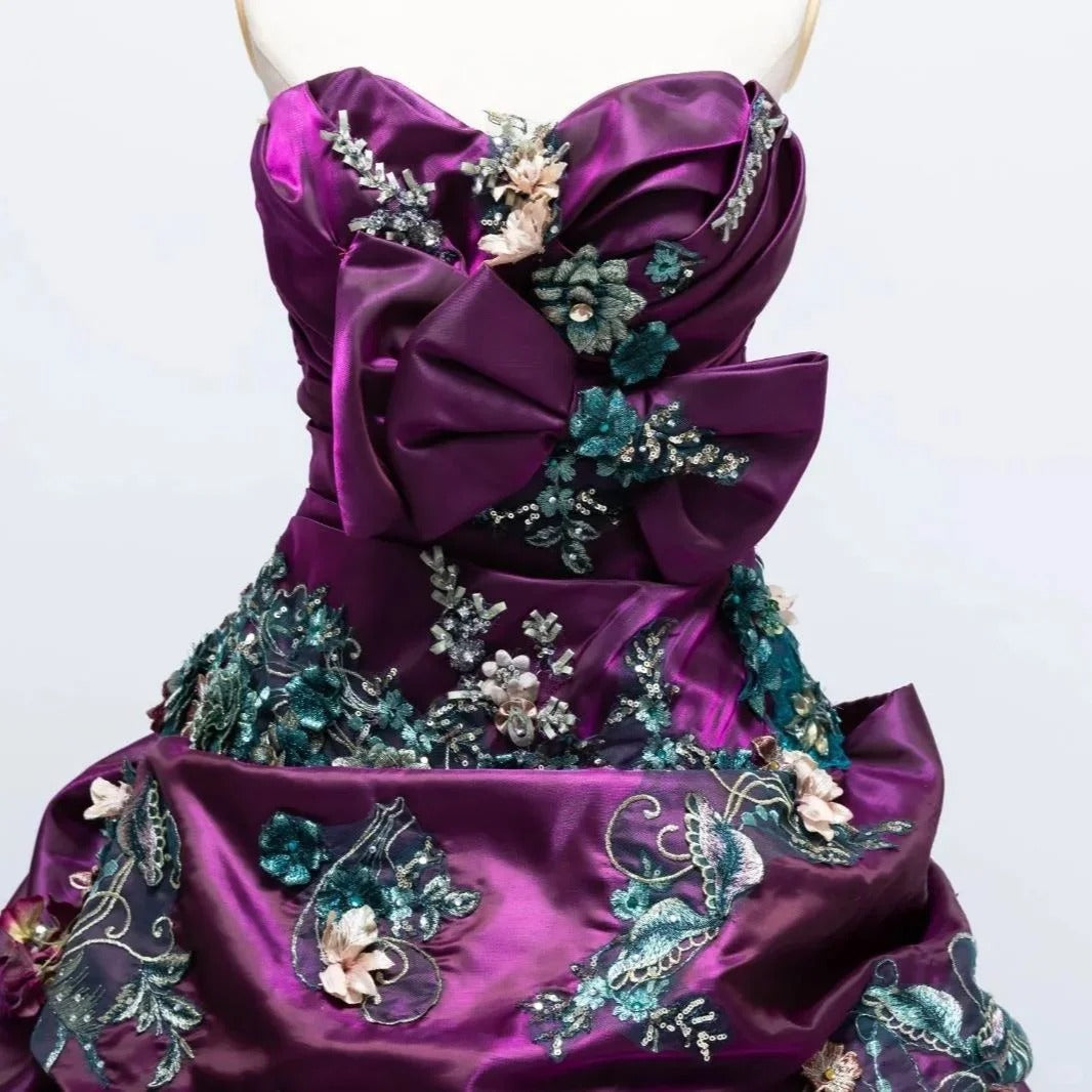 Retro A-Line Applique Evening Gowns Strapless Sequins Crystal Handmade Flowers Prom Dress AP2413