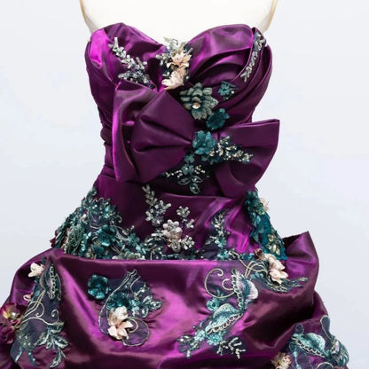 Retro A-Line Applique Evening Gowns Strapless Sequins Crystal Handmade Flowers Prom Dress AP2413