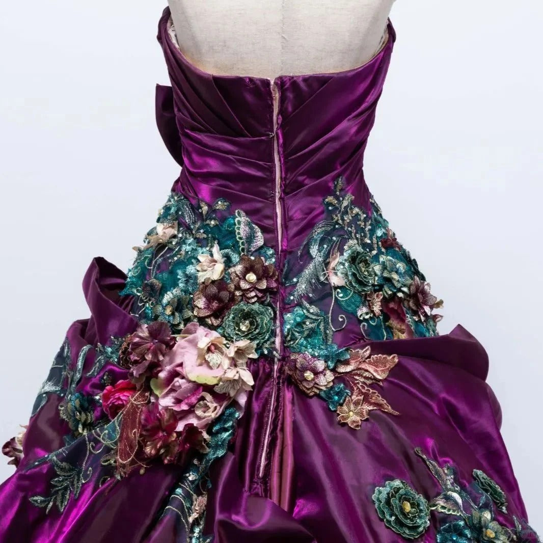 Retro A-Line Applique Evening Gowns Strapless Sequins Crystal Handmade Flowers Prom Dress AP2413