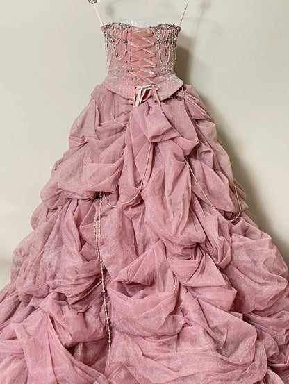 Alluring Strapless Evening Gowns A-Line Ruffled Tulle Beading Rhinestone Prom Dress AP2414