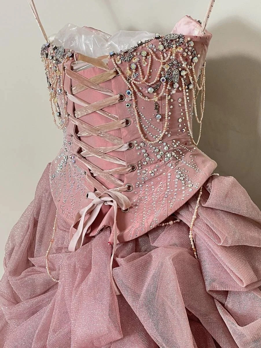 Alluring Strapless Evening Gowns A-Line Ruffled Tulle Beading Rhinestone Prom Dress AP2414