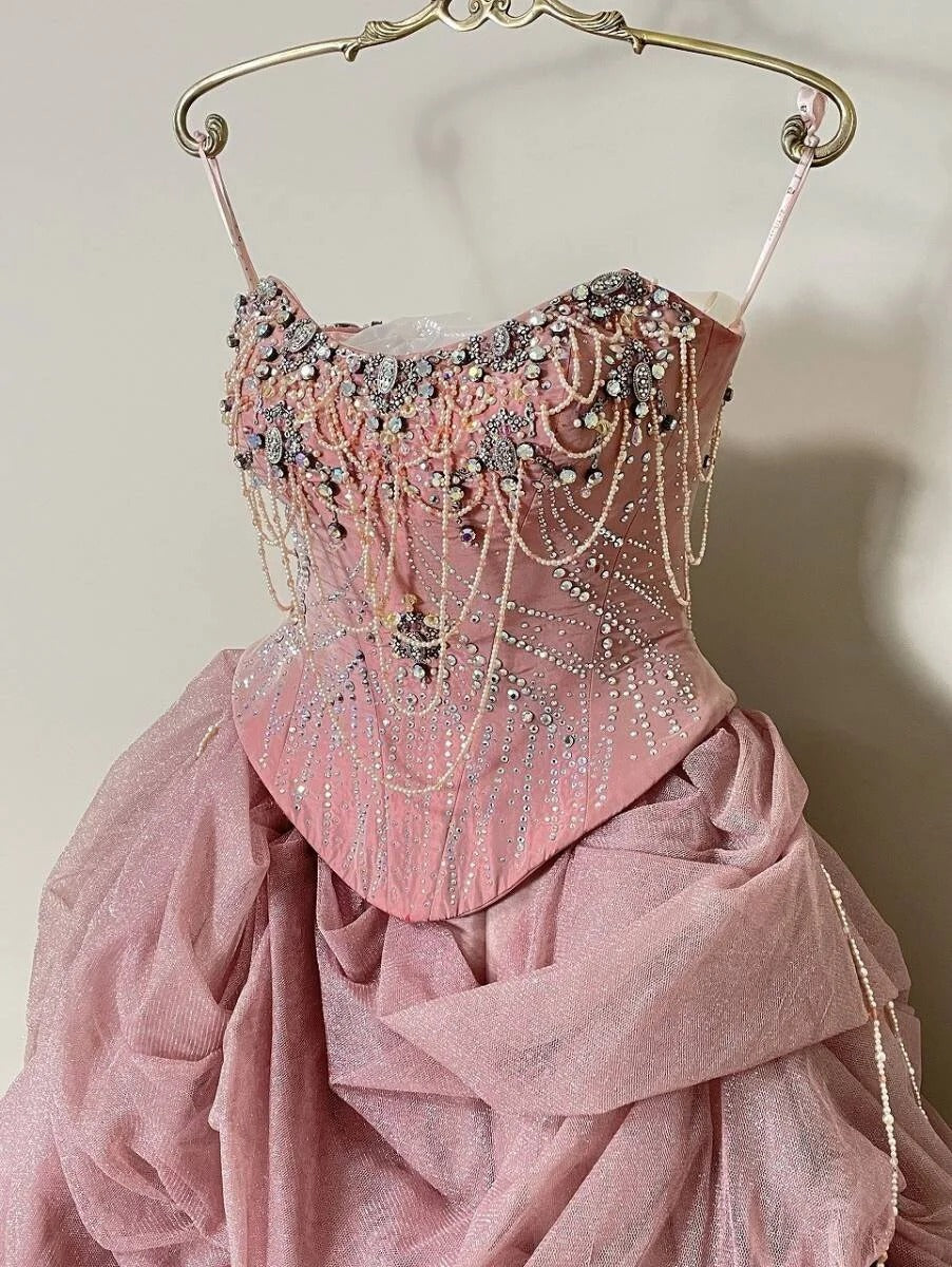 Alluring Strapless Evening Gowns A-Line Ruffled Tulle Beading Rhinestone Prom Dress AP2414