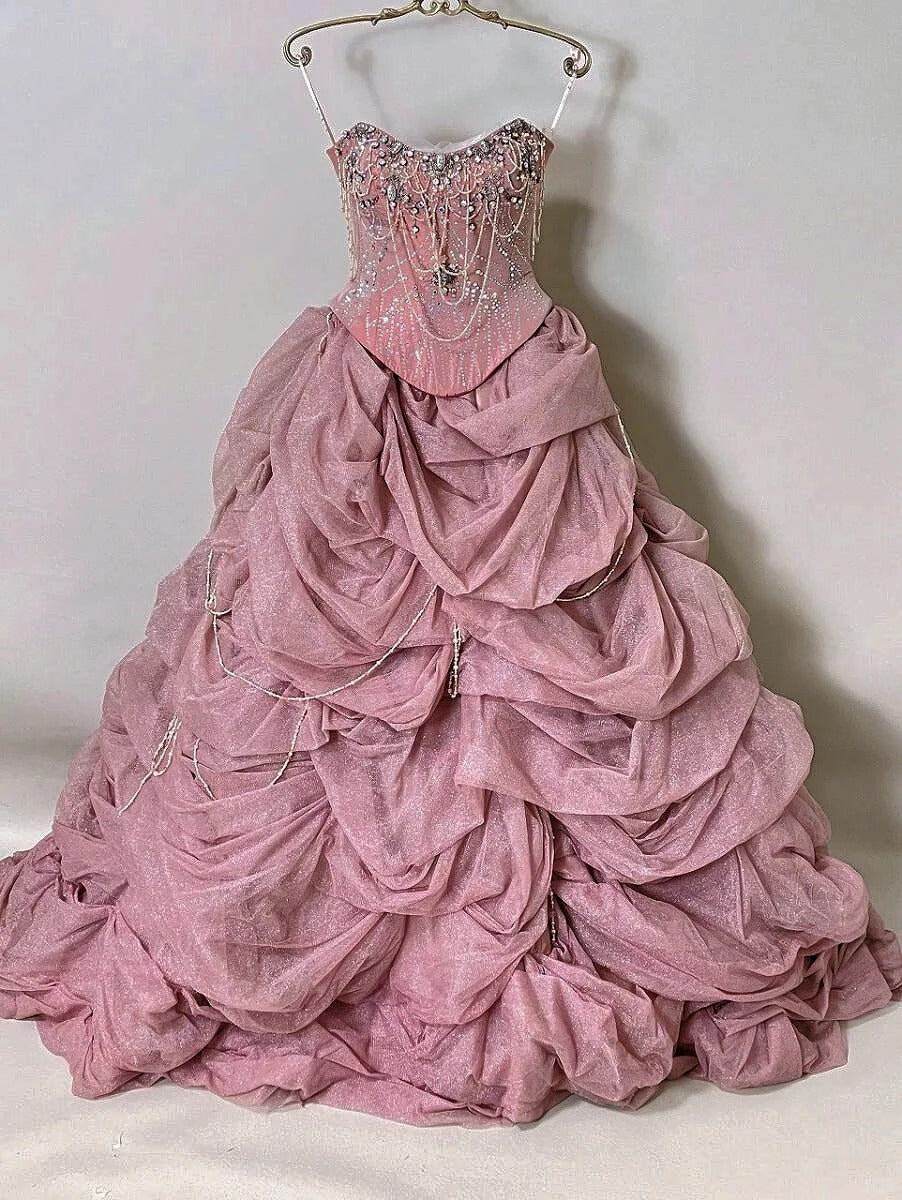 Alluring Strapless Evening Gowns A-Line Ruffled Tulle Beading Rhinestone Prom Dress AP2414