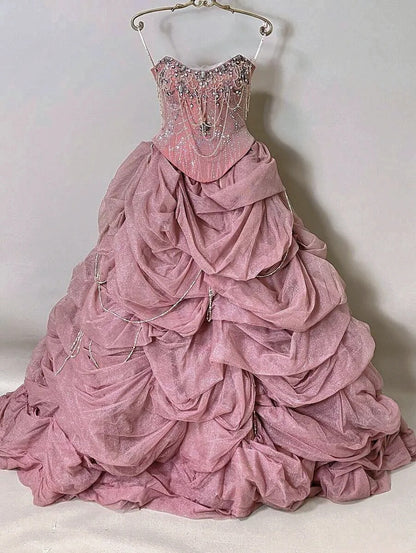 Alluring Strapless Evening Gowns A-Line Ruffled Tulle Beading Rhinestone Prom Dress AP2414