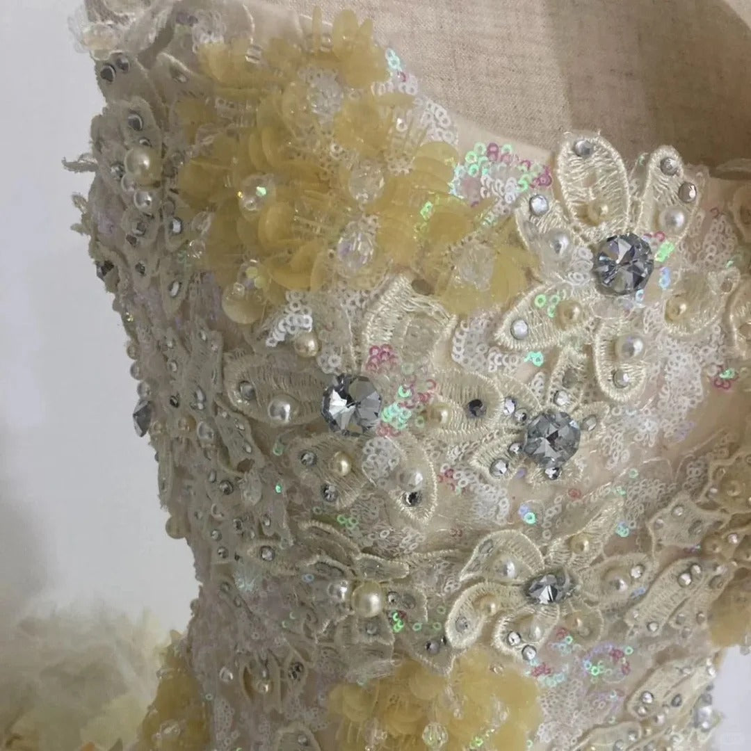 Elegant A-Line Strapless Tiered Evening Gowns Beading Rhinestone Sequins Bow Prom Dress AP2415