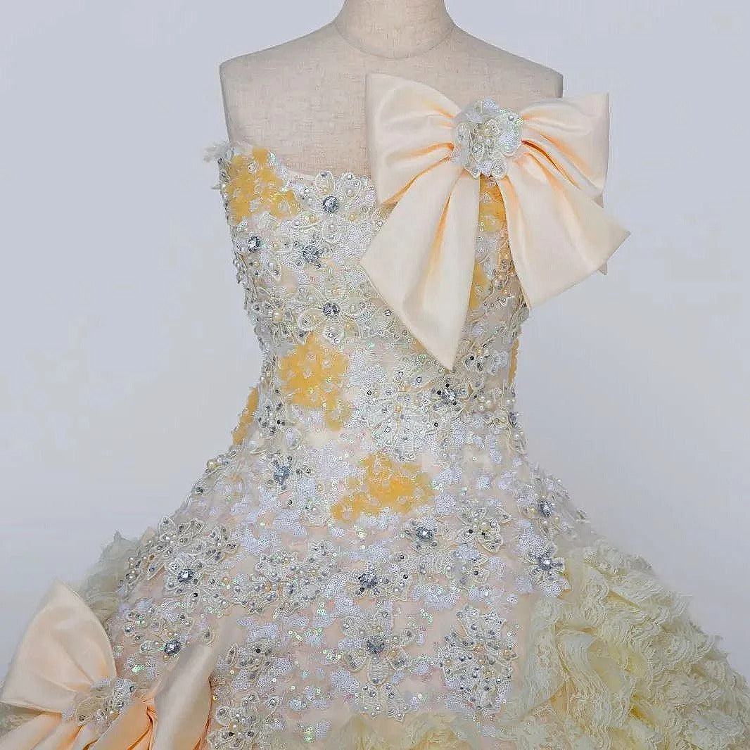 Elegant A-Line Strapless Tiered Evening Gowns Beading Rhinestone Sequins Bow Prom Dress AP2415