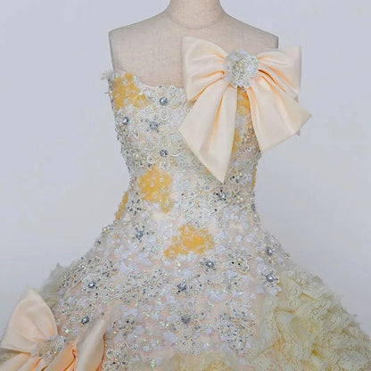 Elegant A-Line Strapless Tiered Evening Gowns Beading Rhinestone Sequins Bow Prom Dress AP2415