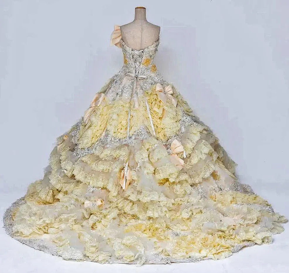 Elegant A-Line Strapless Tiered Evening Gowns Beading Rhinestone Sequins Bow Prom Dress AP2415