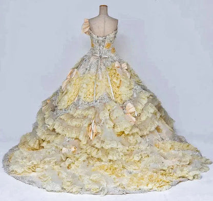 Elegant A-Line Strapless Tiered Evening Gowns Beading Rhinestone Sequins Bow Prom Dress AP2415