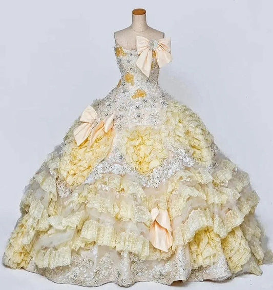 Elegant A-Line Strapless Tiered Evening Gowns Beading Rhinestone Sequins Bow Prom Dress AP2415