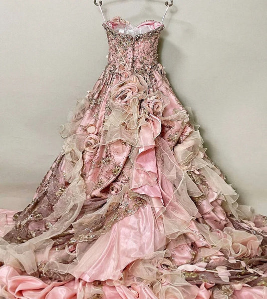 Fabulous Strapless A-Line Floral Evening Gowns Handmade Flowers Beading Sequins Prom Dress AP2416