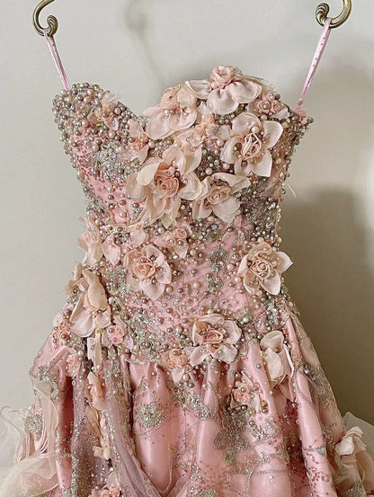 Fabulous Strapless A-Line Floral Evening Gowns Handmade Flowers Beading Sequins Prom Dress AP2416