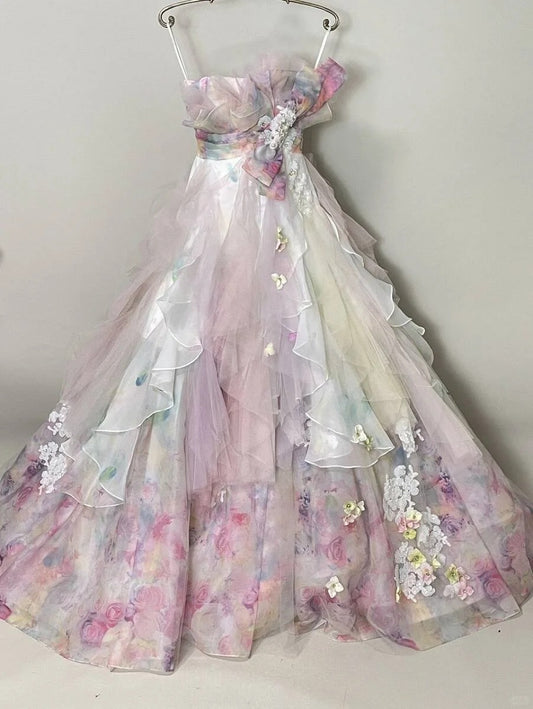 Charming A-Line Strapless Long Evening Gowns Applique Beading Crystals Prom Dress AP2417