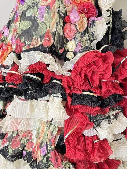 Chic A-Line Strapless Applique Evening Gowns Sequins Handmade Flowers Ruffled Prom Dress AP2418