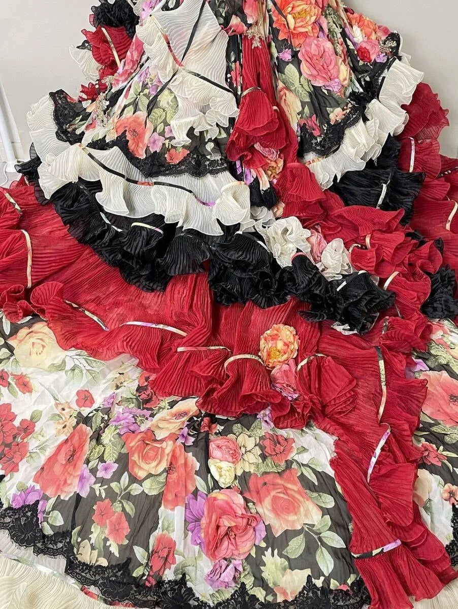 Chic A-Line Strapless Applique Evening Gowns Sequins Handmade Flowers Ruffled Prom Dress AP2418