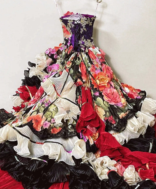 Chic A-Line Strapless Applique Evening Gowns Sequins Handmade Flowers Ruffled Prom Dress AP2418