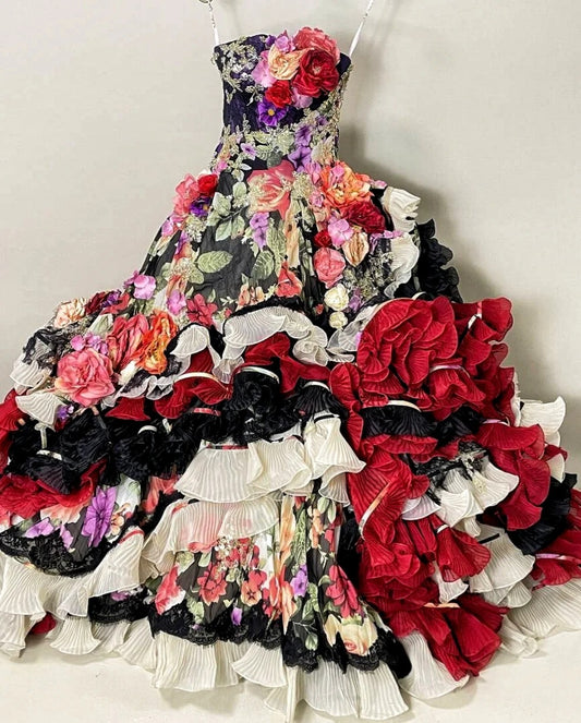 Chic A-Line Strapless Applique Evening Gowns Sequins Handmade Flowers Ruffled Prom Dress AP2418