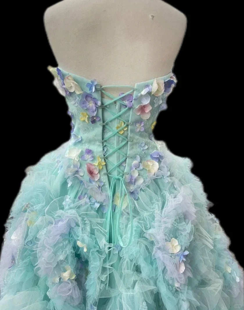 French Style A-Line Strapless Evening Gowns Sequins Applique Ruffled Tulle Prom Dress AP2420