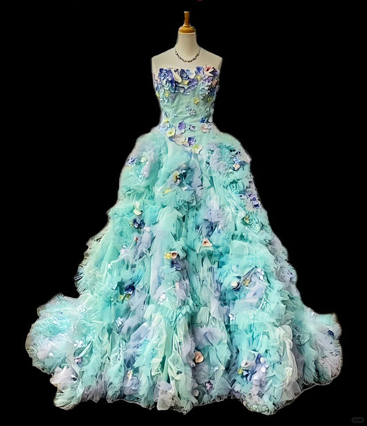 French Style A-Line Strapless Evening Gowns Sequins Applique Ruffled Tulle Prom Dress AP2420