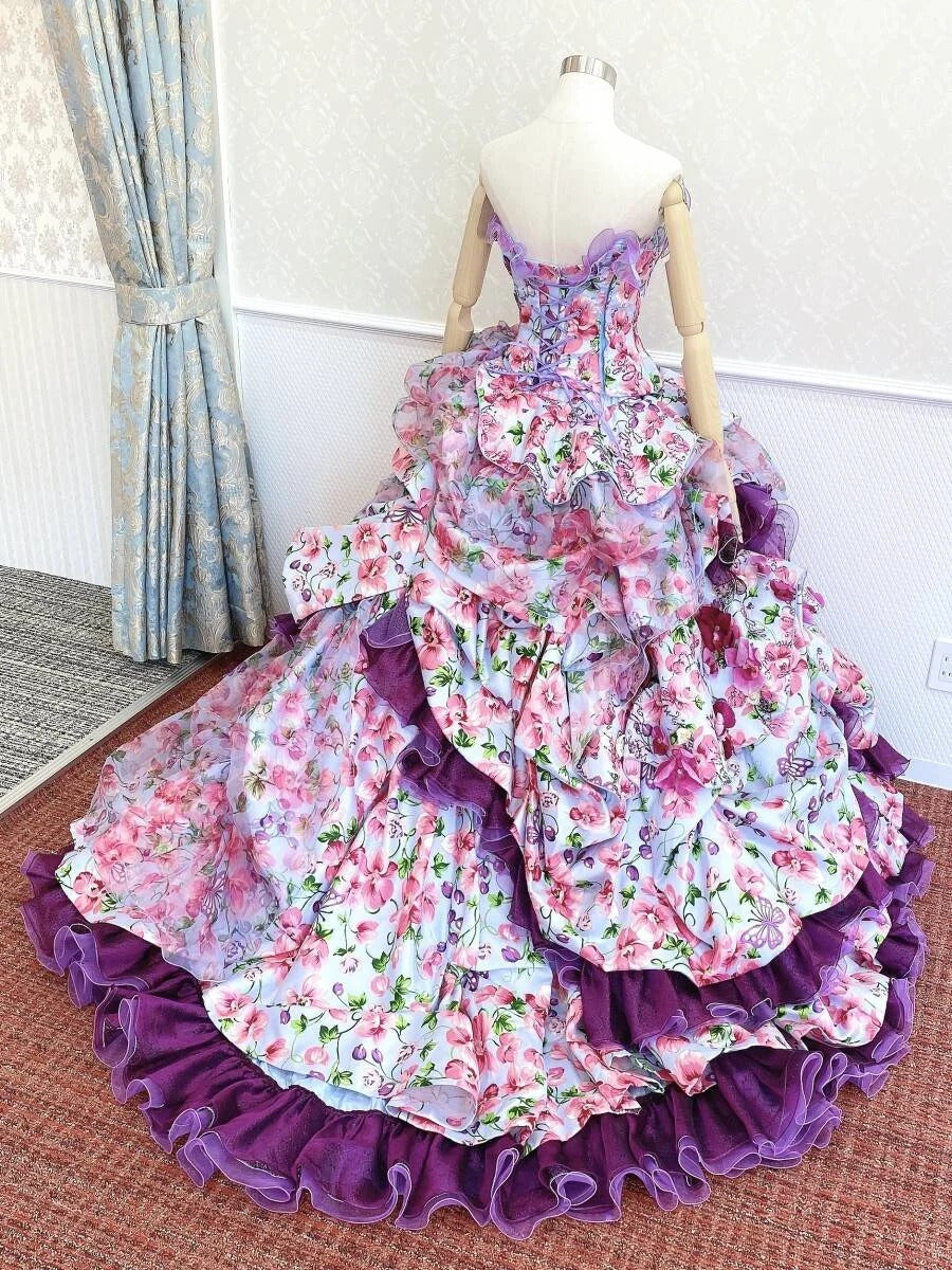 Vibrant Strapless A-Line Floral Formal Dresses Sequins Rhinestone Ruffled Handmade Flowers Prom Dress AP2421