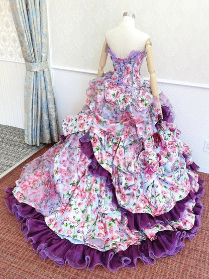 Vibrant Strapless A-Line Floral Formal Dresses Sequins Rhinestone Ruffled Handmade Flowers Prom Dress AP2421
