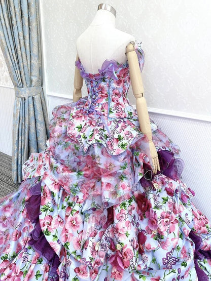 Vibrant Strapless A-Line Floral Formal Dresses Sequins Rhinestone Ruffled Handmade Flowers Prom Dress AP2421