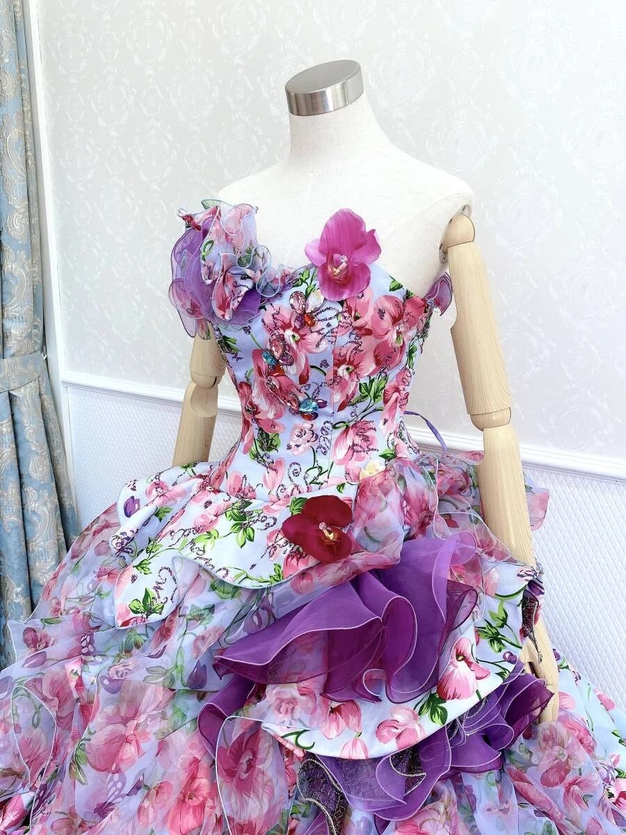 Vibrant Strapless A-Line Floral Formal Dresses Sequins Rhinestone Ruffled Handmade Flowers Prom Dress AP2421