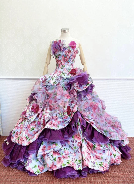 Vibrant Strapless A-Line Floral Formal Dresses Sequins Rhinestone Ruffled Handmade Flowers Prom Dress AP2421