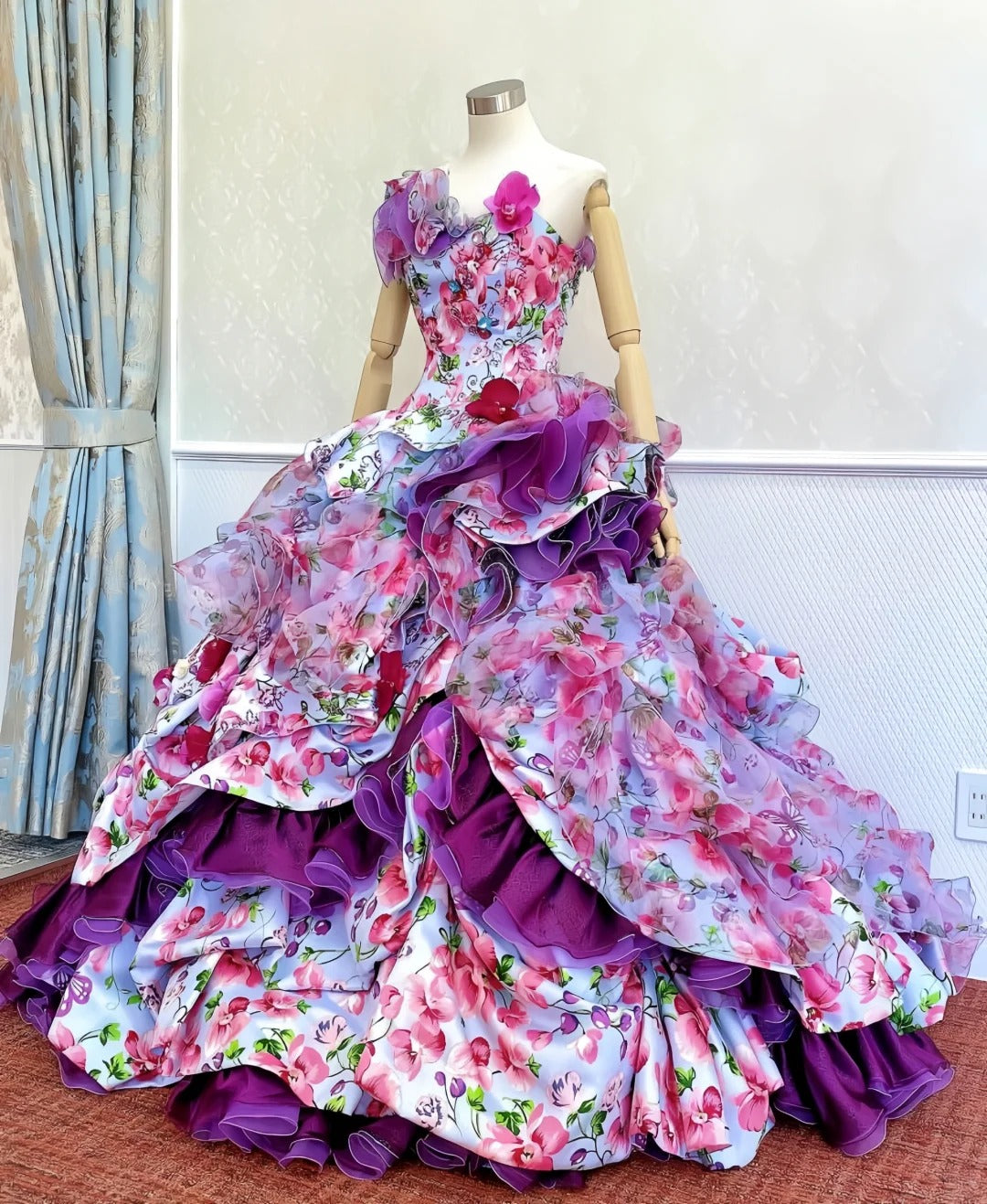 Vibrant Strapless A-Line Floral Formal Dresses Sequins Rhinestone Ruffled Handmade Flowers Prom Dress AP2421
