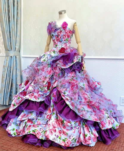 Vibrant Strapless A-Line Floral Formal Dresses Sequins Rhinestone Ruffled Handmade Flowers Prom Dress AP2421