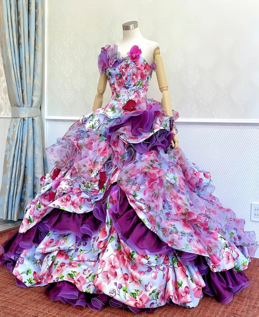 Vibrant Strapless A-Line Floral Formal Dresses Sequins Rhinestone Ruffled Handmade Flowers Prom Dress AP2421