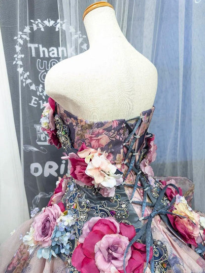 Vintage A-Line Strapless Handmade Flowers Formal Dresses Beading Sequins Prom Dress AP2422