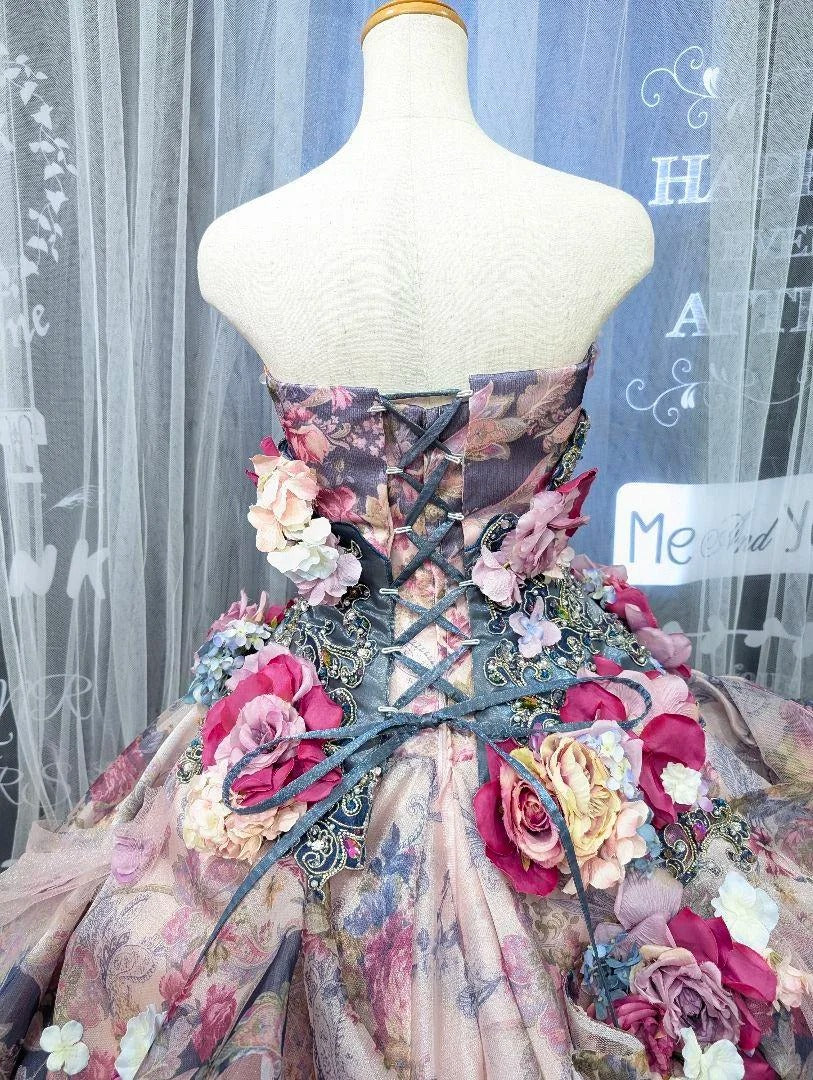 Vintage A-Line Strapless Handmade Flowers Formal Dresses Beading Sequins Prom Dress AP2422