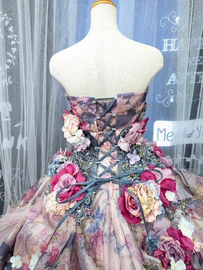 Vintage A-Line Strapless Handmade Flowers Formal Dresses Beading Sequins Prom Dress AP2422