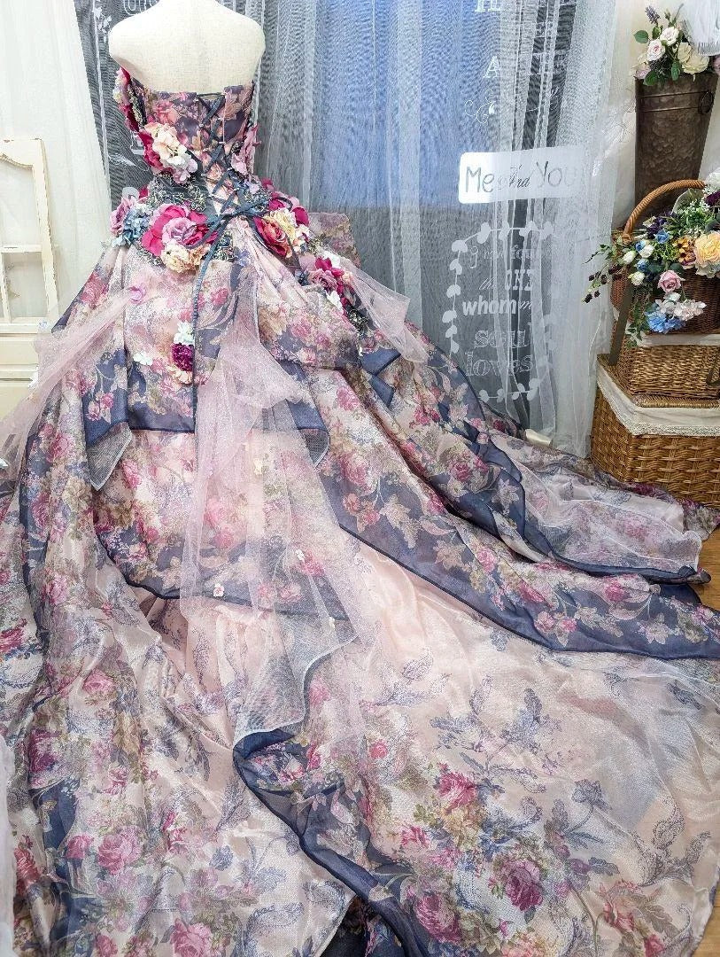 Vintage A-Line Strapless Handmade Flowers Formal Dresses Beading Sequins Prom Dress AP2422