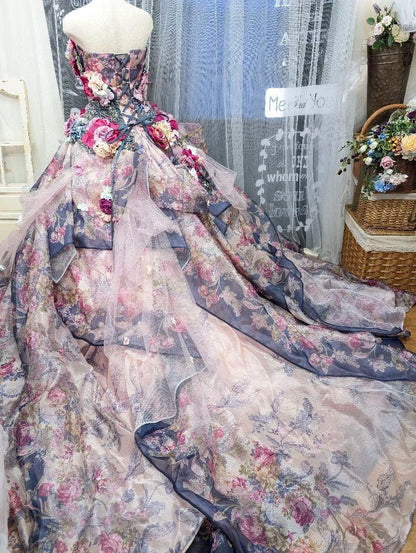 Vintage A-Line Strapless Handmade Flowers Formal Dresses Beading Sequins Prom Dress AP2422