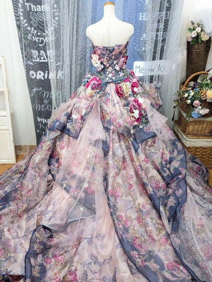 Vintage A-Line Strapless Handmade Flowers Formal Dresses Beading Sequins Prom Dress AP2422