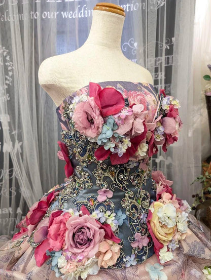 Vintage A-Line Strapless Handmade Flowers Formal Dresses Beading Sequins Prom Dress AP2422