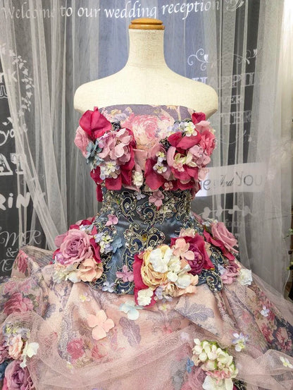 Vintage A-Line Strapless Handmade Flowers Formal Dresses Beading Sequins Prom Dress AP2422